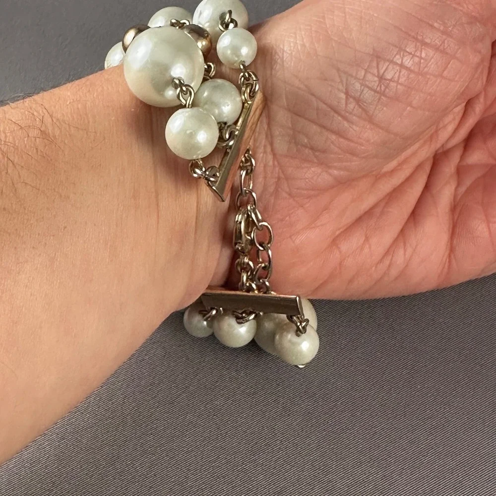 Talbots Chunky Pearl Beaded Multi Strand Charm Bracelet Silver Tone Toggle Clasp